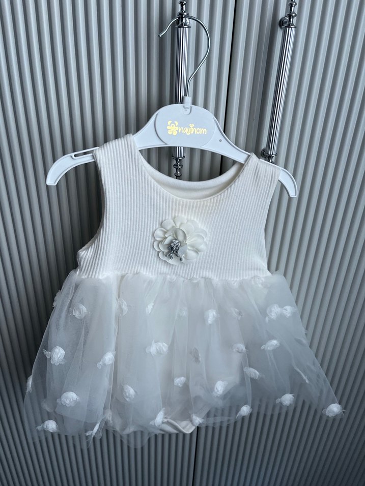 Kız Çocuk Beyaz Triko Tül Elbise - Görsel 4