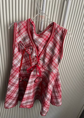 Kırmızı Ekose Desenli Kolsuz Kız Elbisesi - Görsel 2