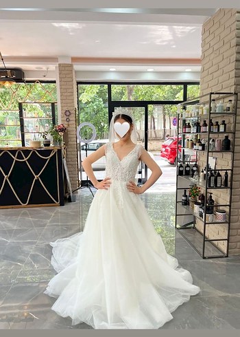 V Yaka Prenses Gelinlik Midi Boy Strappy Kol - Görsel 5