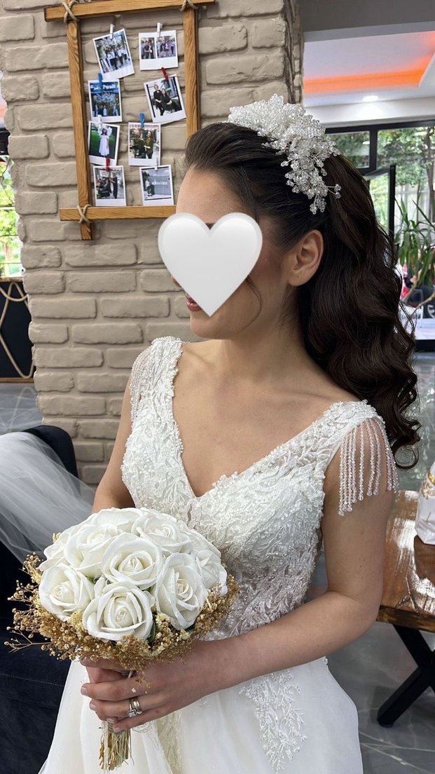 V Yaka Prenses Gelinlik Midi Boy Strappy Kol - Görsel 4