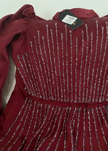 44 Beden Bordo Uzun Kollu Payetli Abiye Elbise