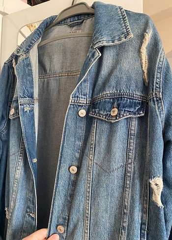 l Beden Düğmeli Salaş Mavi Denim Ceket
