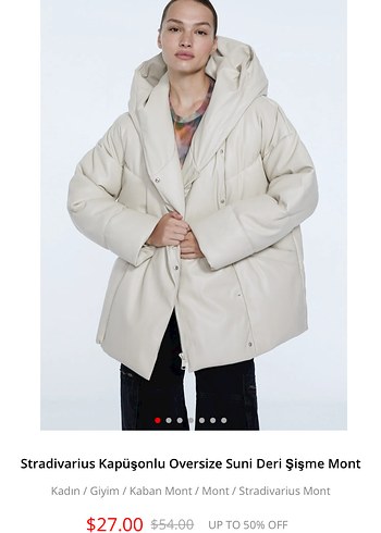 s Beden Stradivarius Kapüşonlu Oversize Beyaz Deri Mont
