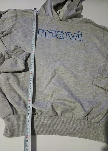 Gri Kapüşonlu Mavi Baskılı Sweatshirt - Görsel 5