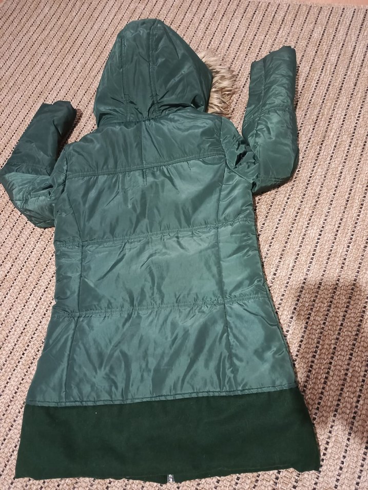 Kadın Yeşil Midi Kaban, Kürklü Kapüşonlu - Görsel 2