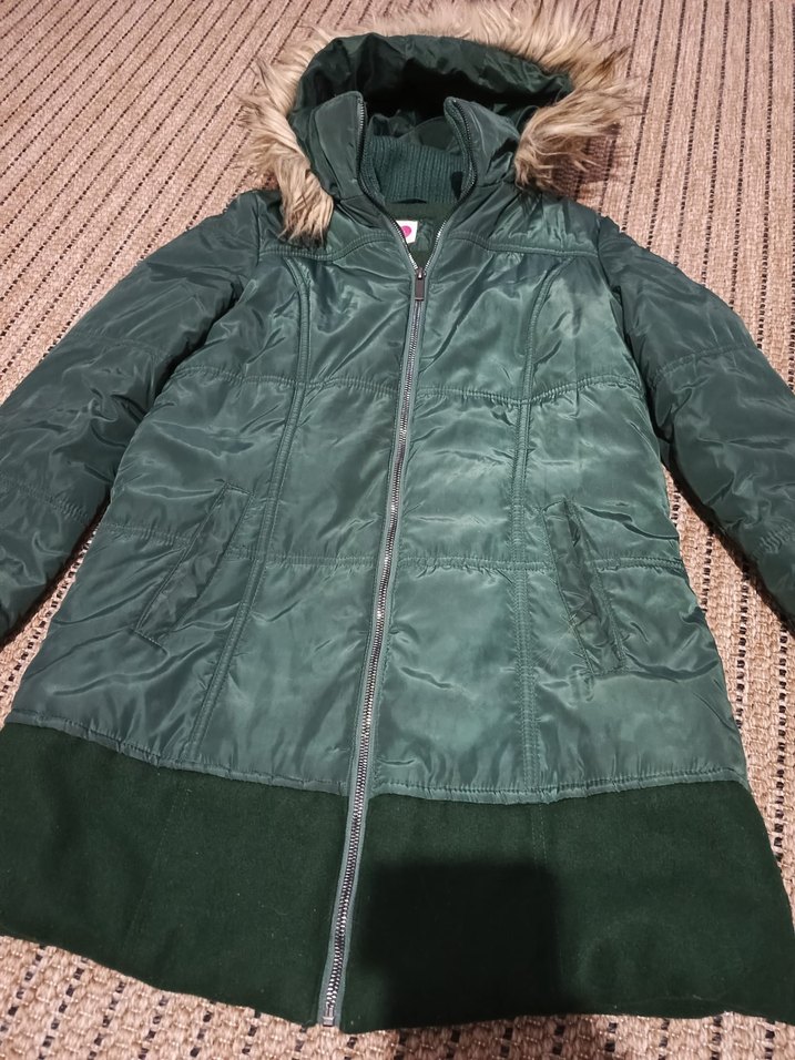 Kadın Yeşil Midi Kaban, Kürklü Kapüşonlu - Görsel 5