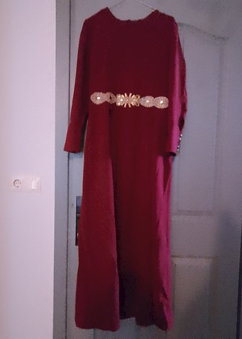 Bordo Nakışlı Uzun Bohem Elbise