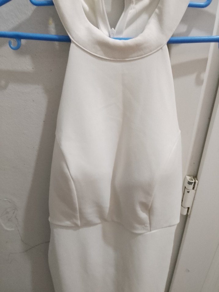 Beyaz V Yakalı Drapeli Kadın Tulum - Görsel 2