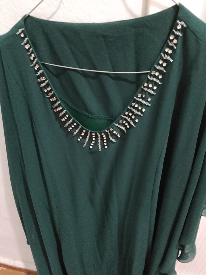 Yeşil V Yakalı Uzun Drapeli Abiye Elbise - Görsel 2