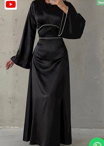 Uzun Kollu Parlak siyah  Kadın Abiye Elbise - Görsel 3