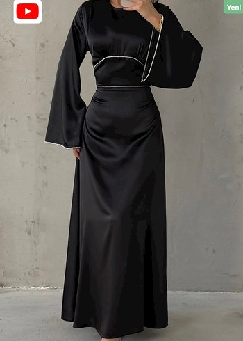 Uzun Kollu Parlak siyah  Kadın Abiye Elbise - Görsel 4
