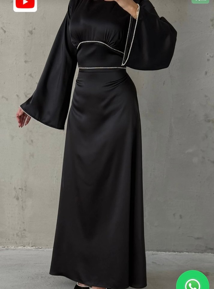 Uzun Kollu Parlak siyah  Kadın Abiye Elbise - Görsel 2