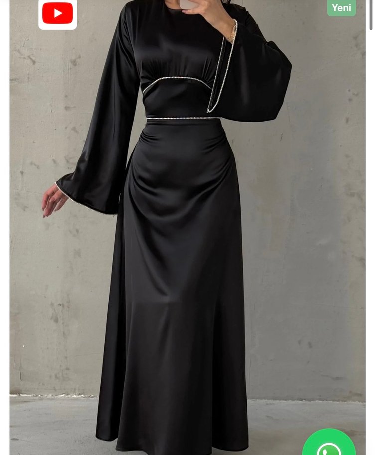 Uzun Kollu Parlak siyah  Kadın Abiye Elbise - Görsel 3