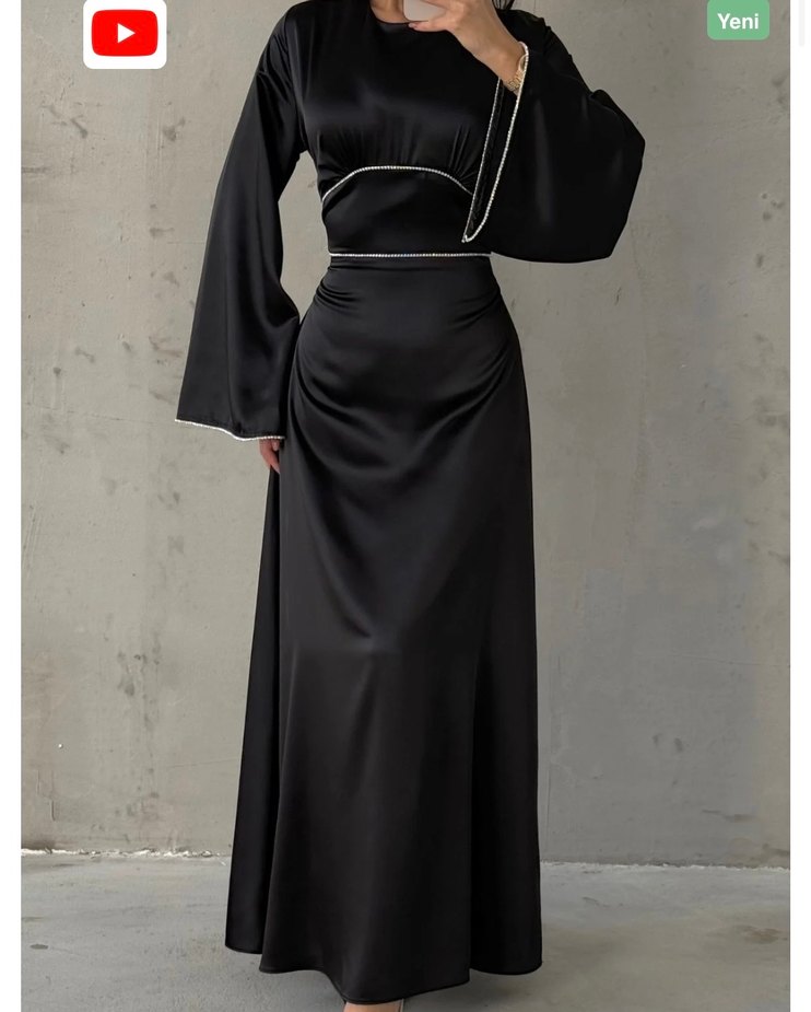 Uzun Kollu Parlak siyah  Kadın Abiye Elbise - Görsel 4