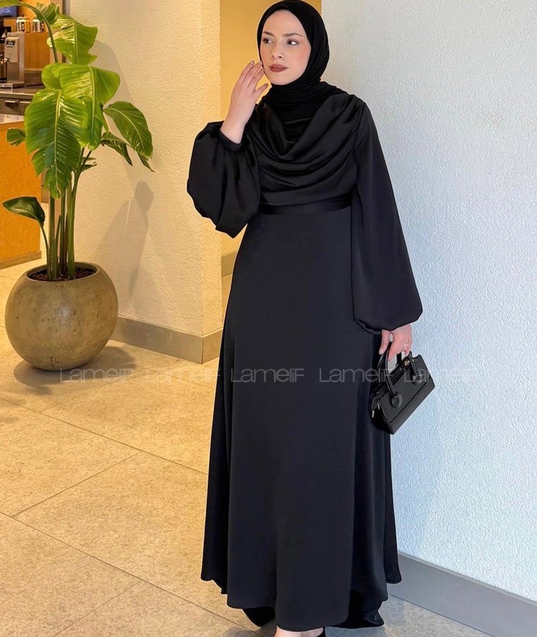 Lacivert Uzun Kollu Drapeli Uzun Elbise - Görsel 5