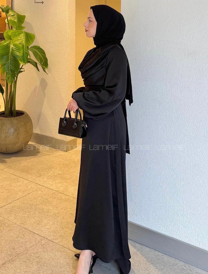 Lacivert Uzun Kollu Drapeli Uzun Elbise - Görsel 4