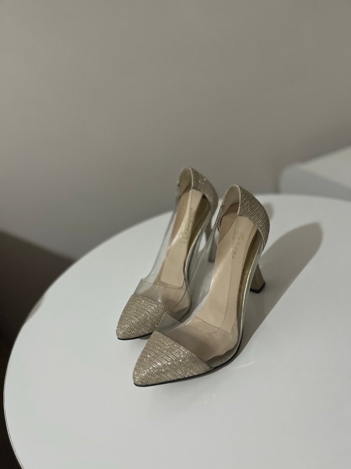 Bej Simli Yılan Desenli İnce Topuklu Kadın Ayakkabı - Görsel 2