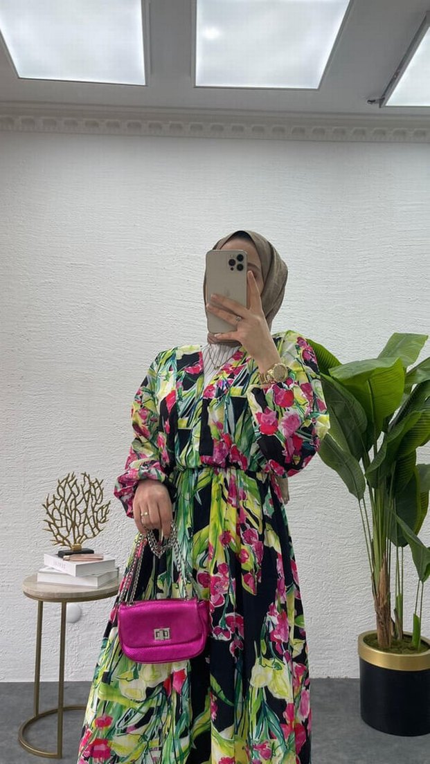 Renkli Bağlama Desenli Uzun Bohem Elbise - Görsel 3