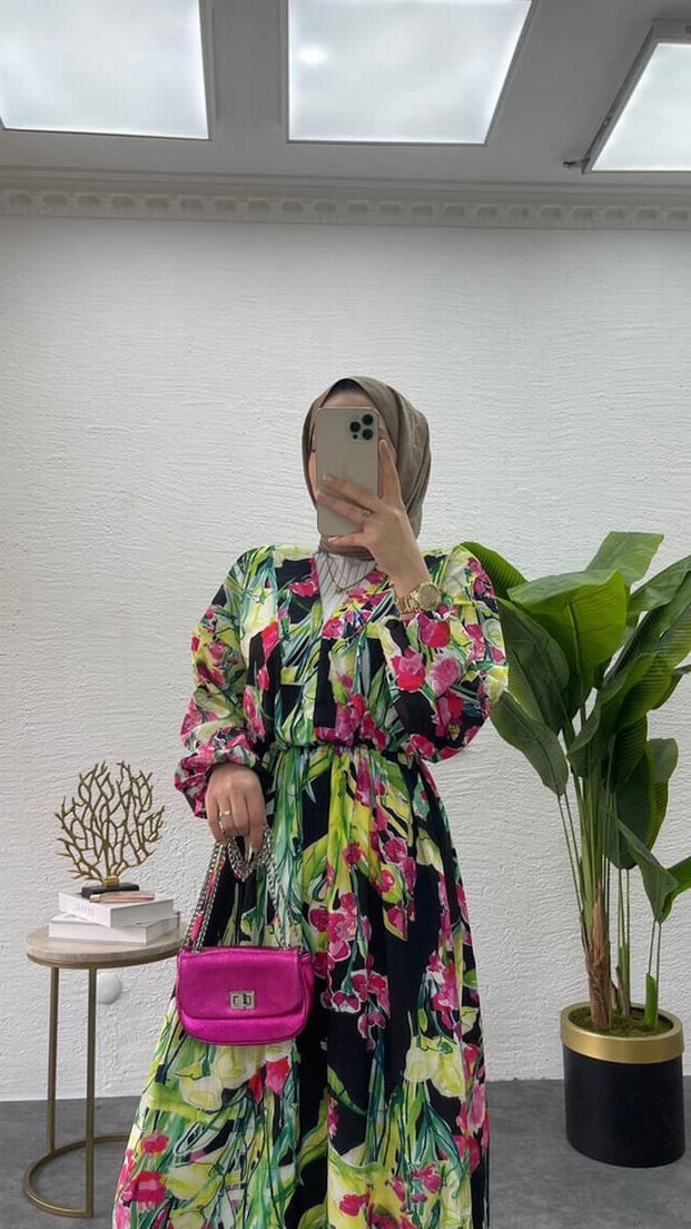 Renkli Bağlama Desenli Uzun Bohem Elbise - Görsel 4