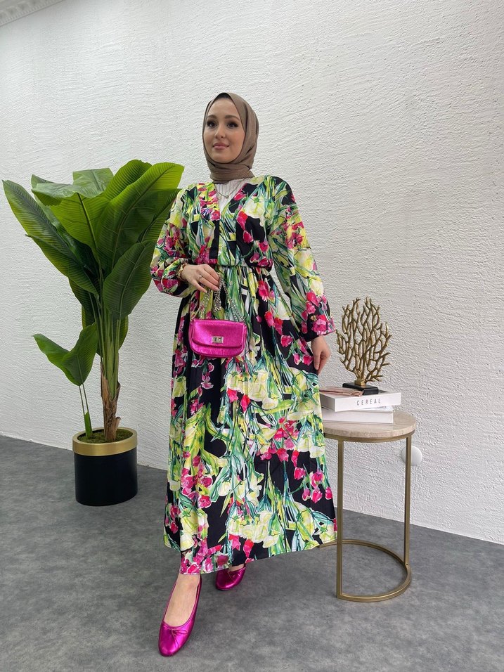 Renkli Bağlama Desenli Uzun Bohem Elbise - Görsel 5