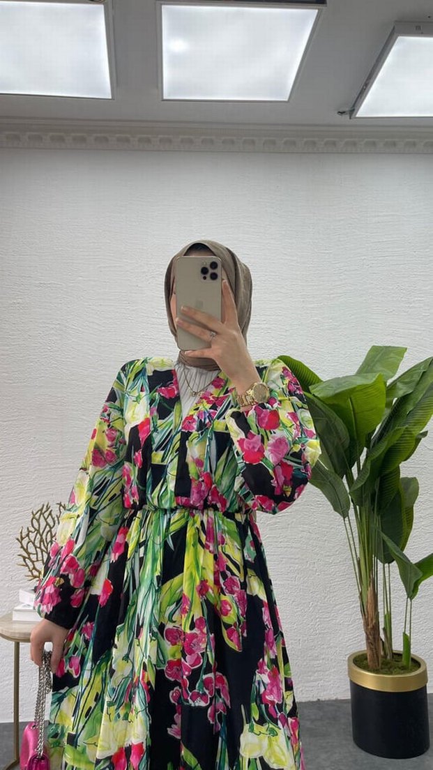 Renkli Bağlama Desenli Uzun Bohem Elbise - Görsel 2