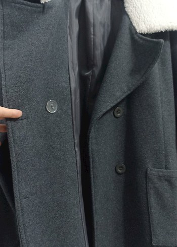 m Beden Yün karışımlı koyu gri kaban, peluş yaka