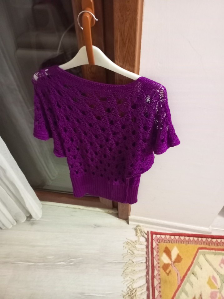 Mor Örgü Bohem V Yaka Mini Kazak - Görsel 2