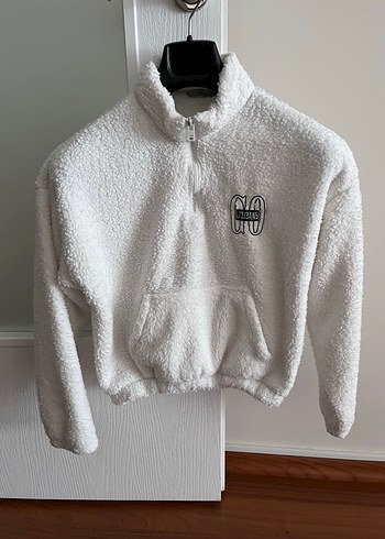 Kızlar için Beyaz Fermuarlı Yüksek Yaka Sweatshirt