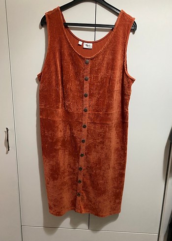 Turuncu Kadife Düğmeli Midi Elbise - Görsel 2