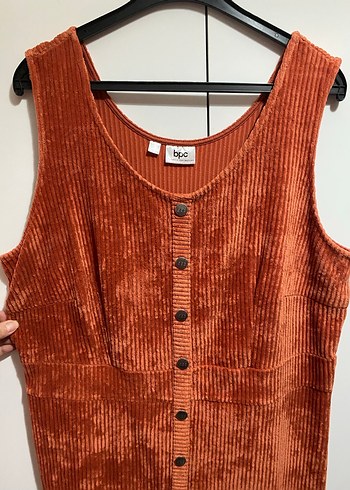 Turuncu Kadife Düğmeli Midi Elbise - Görsel 3