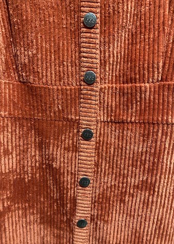 Turuncu Kadife Düğmeli Midi Elbise - Görsel 6