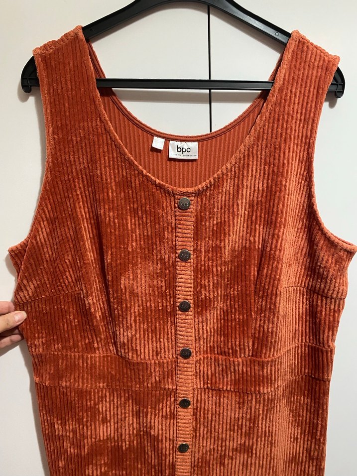 Turuncu Kadife Düğmeli Midi Elbise - Görsel 3