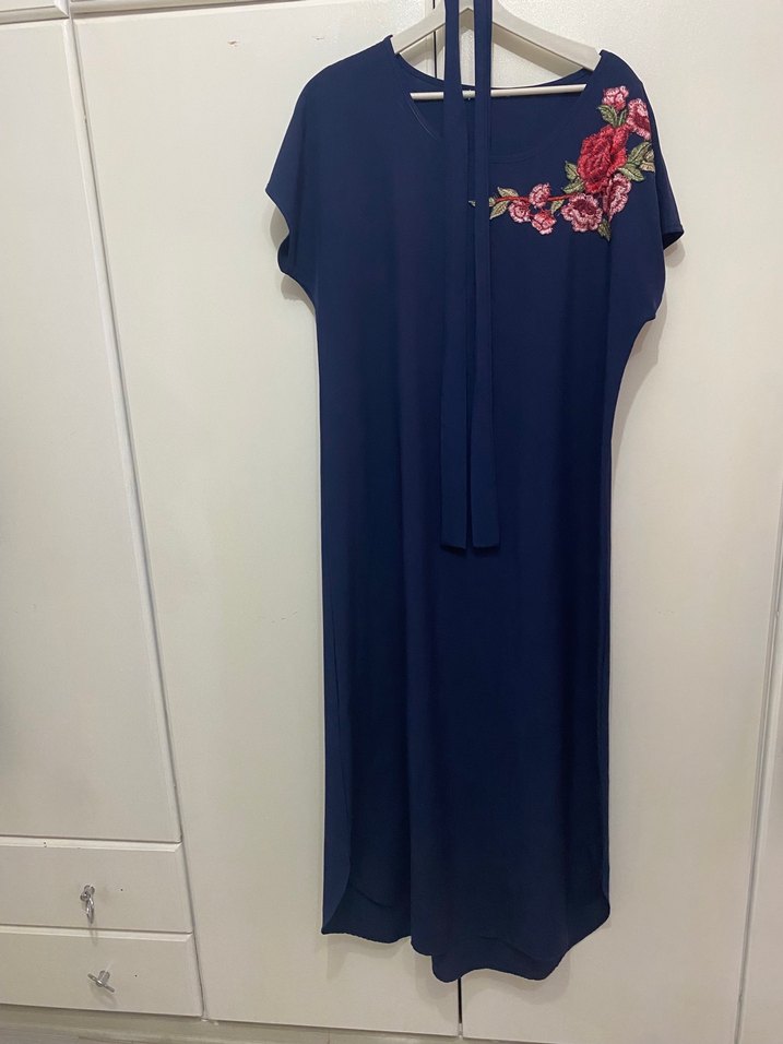 Nakışlı Lacivert Uzun Yazlık Elbise - Görsel 2