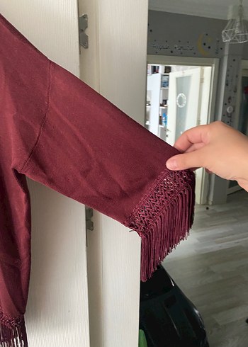 Bordo Püsküllü Bohem Kadın Hırka - Görsel 3
