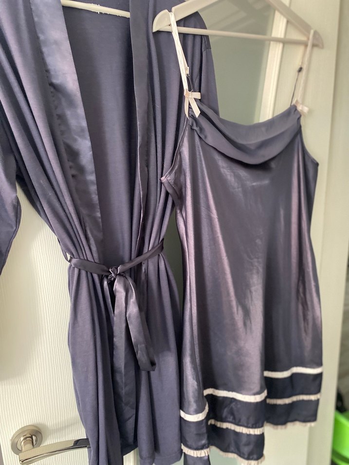 Antrasit İp Askılı Midi Gecelik ve Sabahlık - Görsel 2