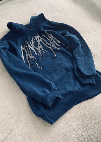 xs Beden Mavi Kapüşonlu Pul İşlemeli Sweatshirt