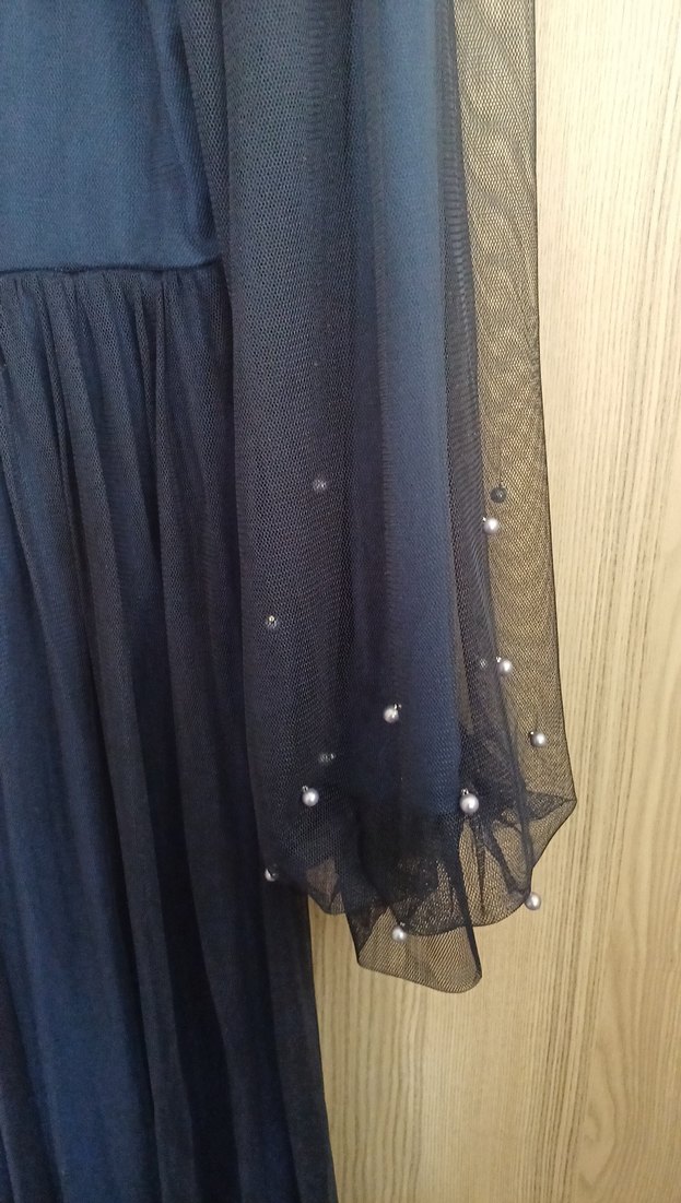 Uzun Siyah Drapeli Yüksek Yakalı Abiye - Görsel 2