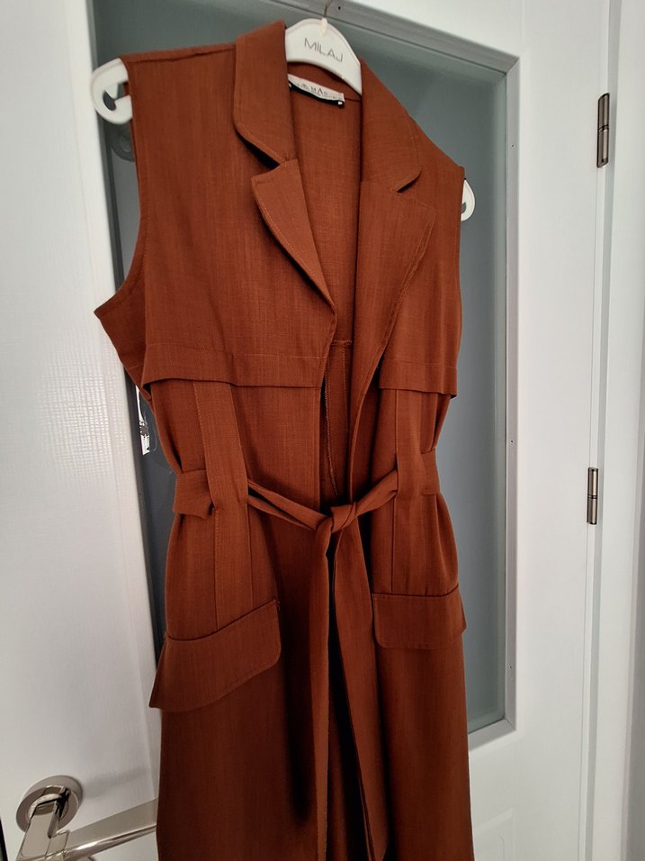 Kahverengi Kemerli Uzun Kadın Yelek - Görsel 2