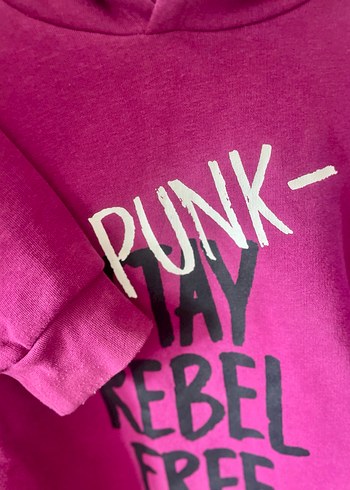 Pembe Punk Baskılı Kapüşonlu Çocuk Sweatshirt - Görsel 3