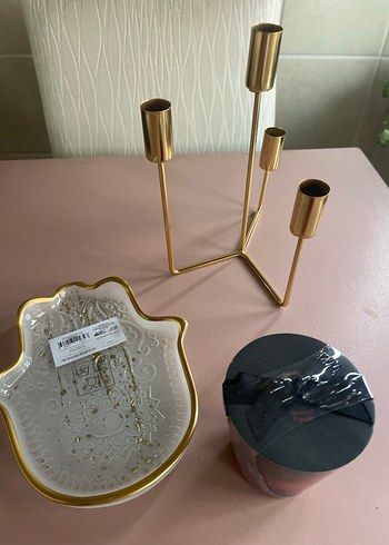 Altın Renkli Şamdan, Dekoratif Tabak ve Mum - Görsel 2