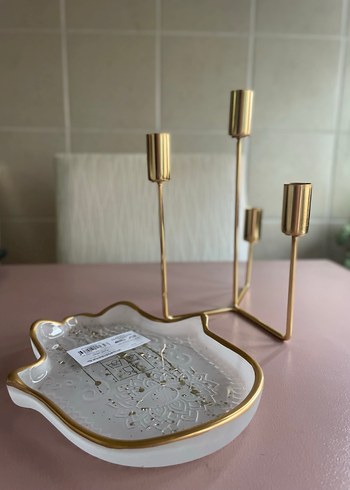 Altın Renkli Şamdan, Dekoratif Tabak ve Mum - Görsel 4