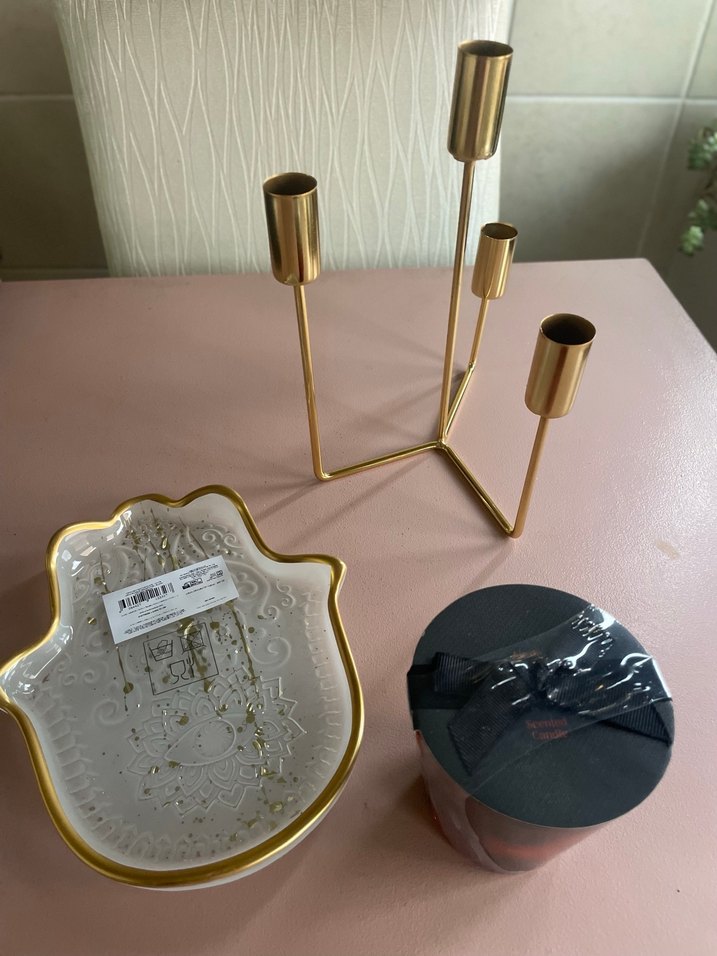 Altın Renkli Şamdan, Dekoratif Tabak ve Mum - Görsel 2