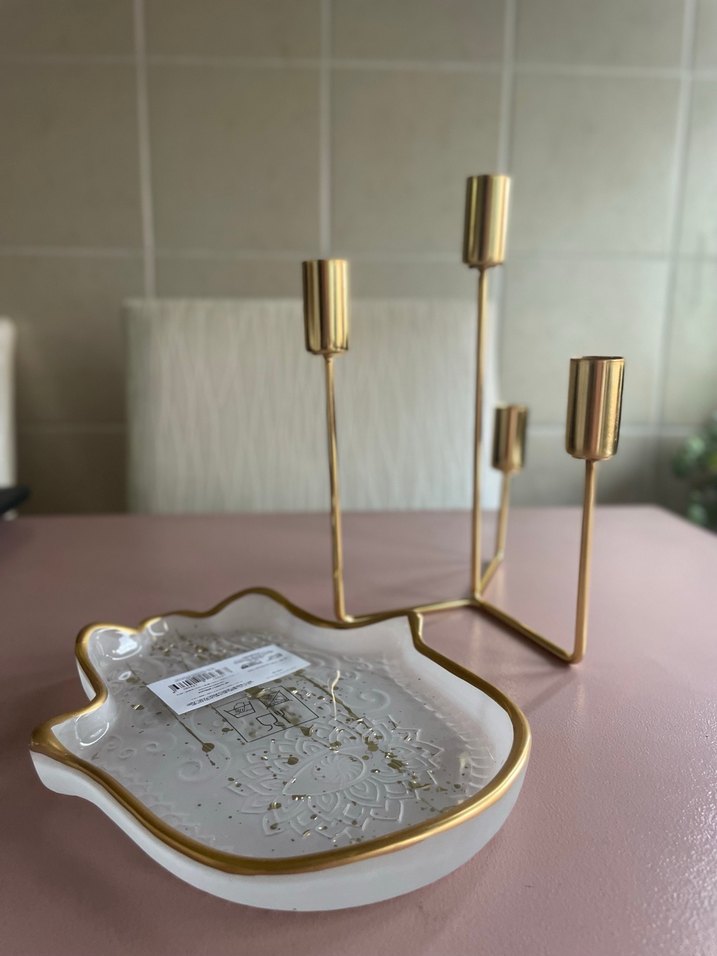 Altın Renkli Şamdan, Dekoratif Tabak ve Mum - Görsel 4