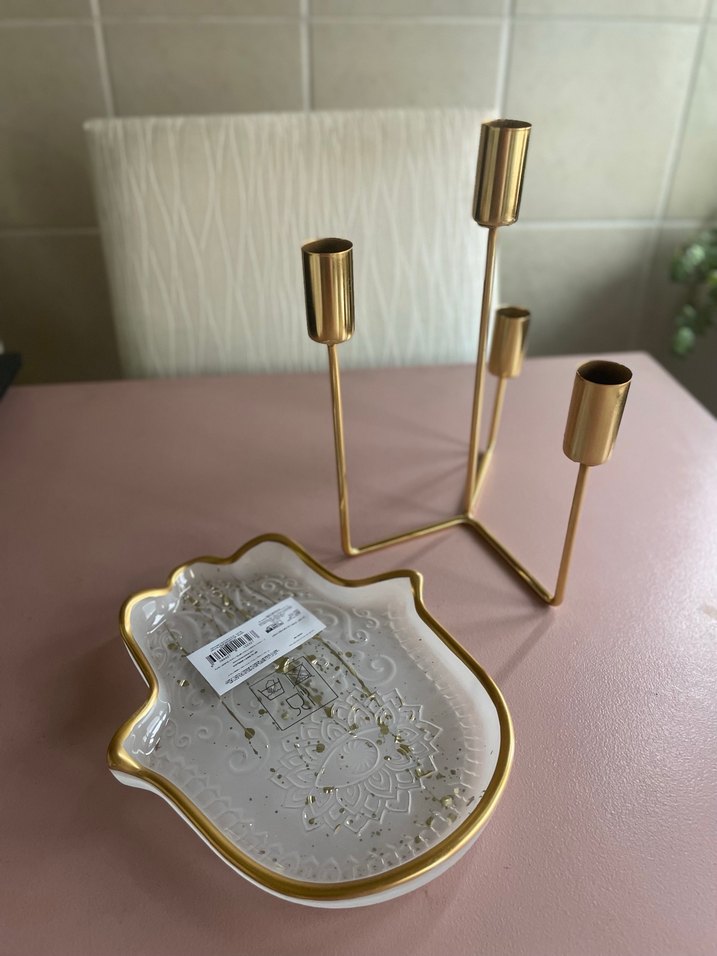 Altın Renkli Şamdan, Dekoratif Tabak ve Mum - Görsel 3