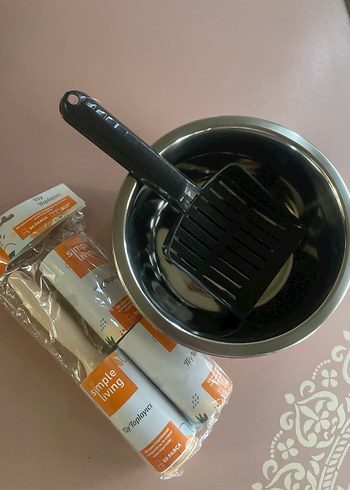 3 adet Gümüş Desenli Metal Mama Kabı, Rulo, Kürek Set - Görsel 2