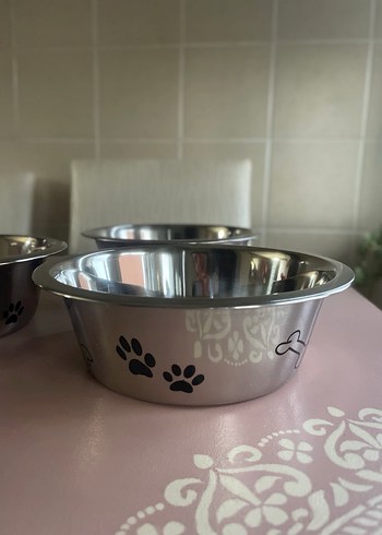 3 adet Gümüş Desenli Metal Mama Kabı, Rulo, Kürek Set - Görsel 4