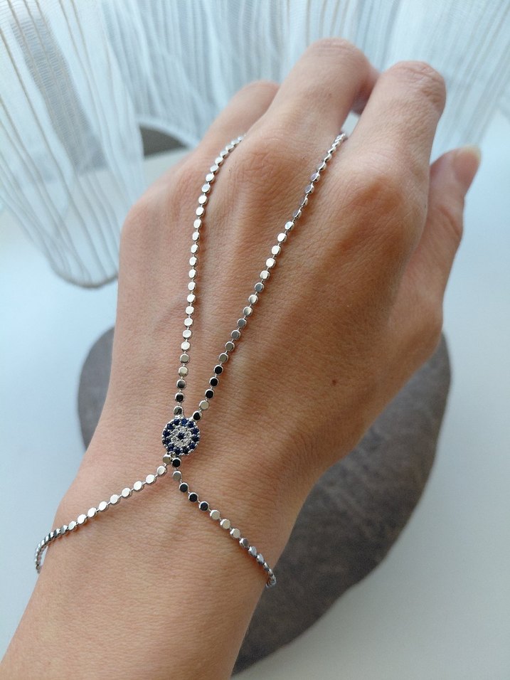 Boncuklu Gümüş Renkli Kadın ezme  El Zinciri şahmeran - Görsel 4