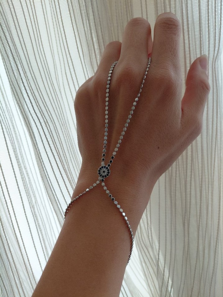 Boncuklu Gümüş Renkli Kadın ezme  El Zinciri şahmeran - Görsel 2