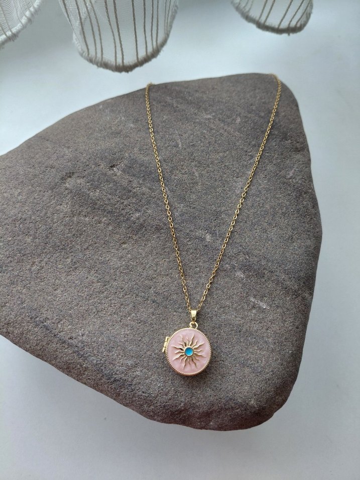 Pembe Bohem Zincir Detaylı Madalyon Kolye - Görsel 2