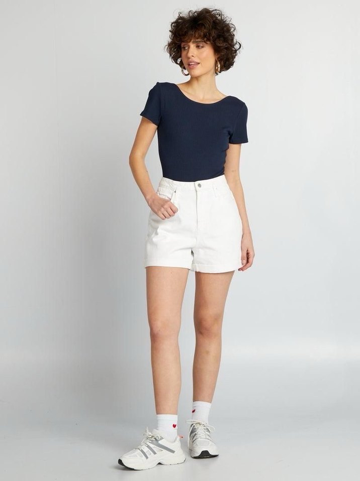 Kadın Lacivert Kısa Kollu Vücuda Oturan Mayo - Görsel 2